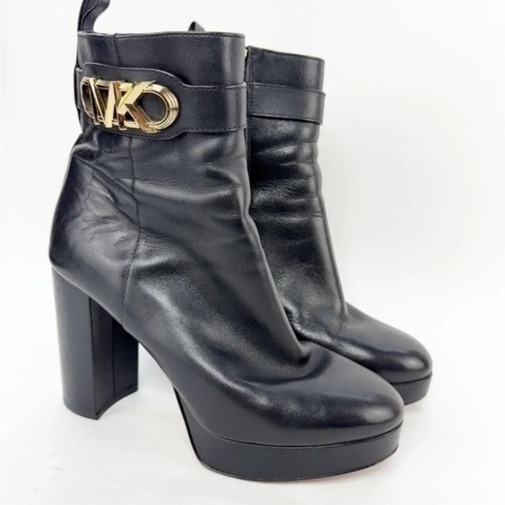 Michael Kors Black Leather Platform Ankle Boots Gold MK Logo Buckle Block Heel